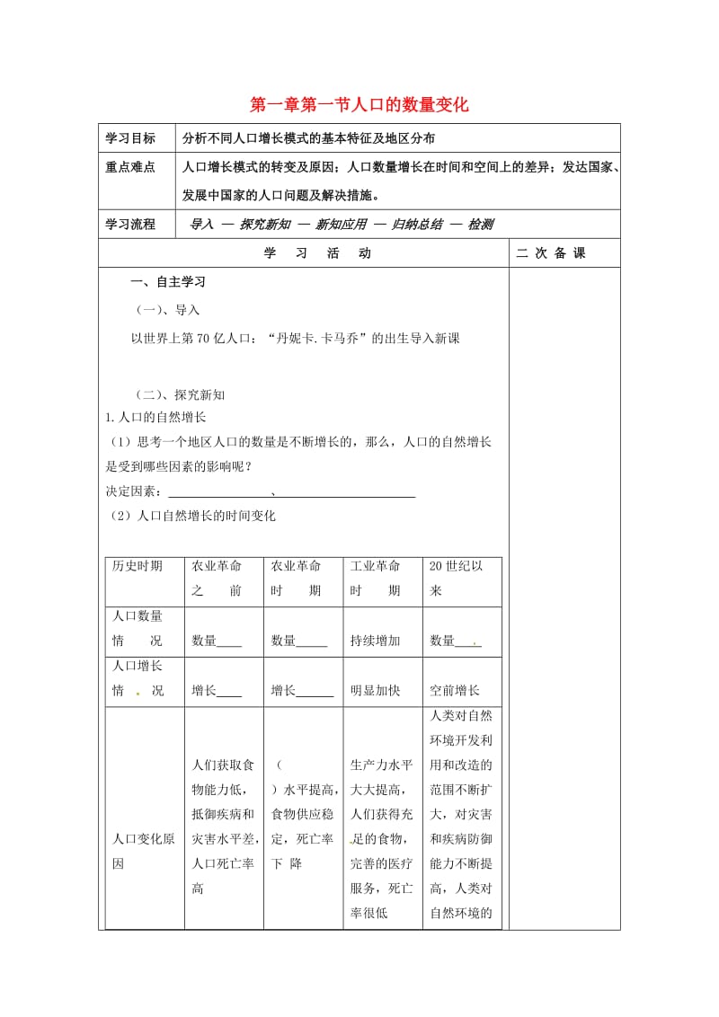 吉林省伊通满族自治县高中地理 第一章 人口的变化 第一节 人口数量变化学案 新人教版必修2.doc_第1页