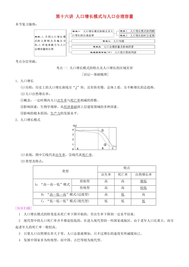 2019高考地理一轮复习 第十六讲 人口增长模式与人口合理容量讲练结合学案.doc_第1页