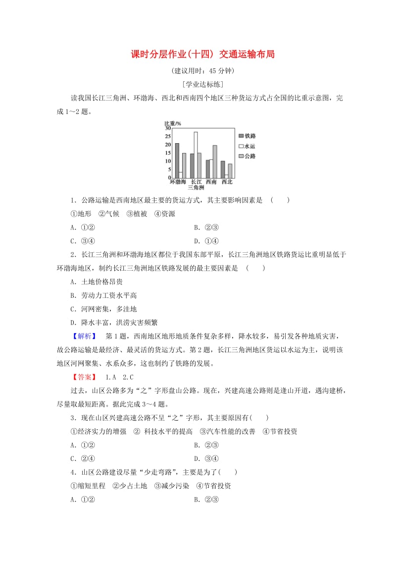 2018秋高中地理 第4单元 人类活动与地域联系 课时分层作业14 交通运输布局 鲁教版必修2.doc_第1页