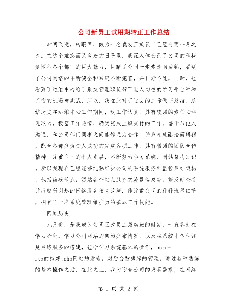 公司新员工试用期转正工作总结.doc_第1页