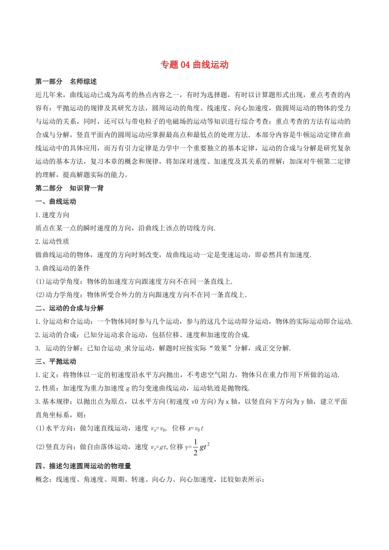 2019年高考物理备考 艺体生百日突围系列 专题04 曲线运动（含解析）.docx_第1页