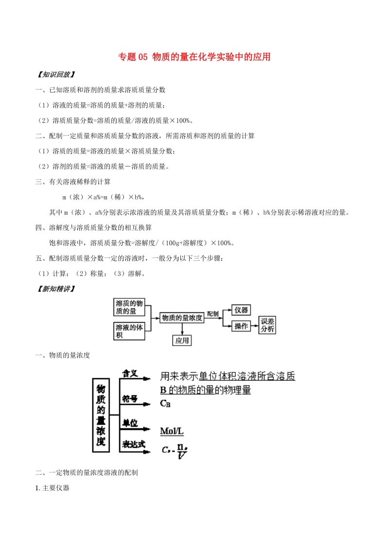 2018年秋高中化学 初高中衔接 专题05 物质的量在化学实验中的应用学案.doc_第1页