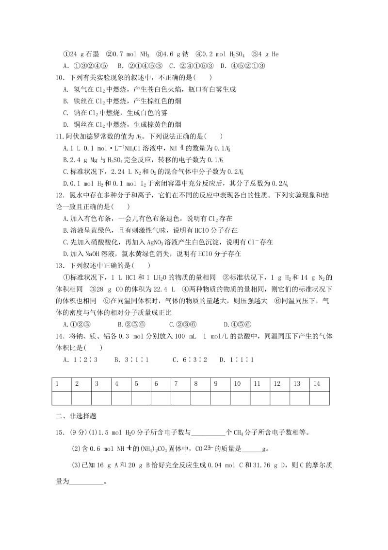 2019-2020学年高一化学上学期第一次月考试题（无答案） (I).doc_第2页