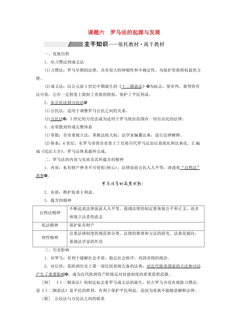 2020版高考历史一轮复习 第二单元 西方民主政治与社会主义制度的建立 课题六 罗马法的起源与发展学案（含解析）新人教版.doc_第1页