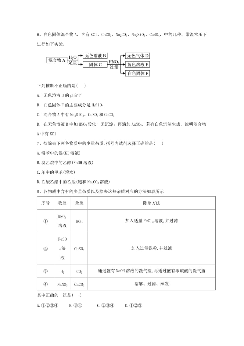 2019届高考化学 高频考点小题突破训练（14）物质的分离提纯（含解析）.doc_第3页