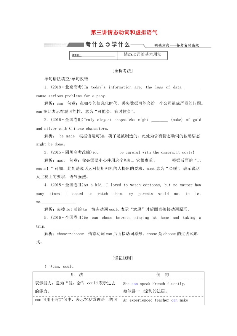 2020高考英语新创新一轮复习 语法 第二部分 第三讲 情态动词和虚拟语气学案（含解析）北师大版.doc_第1页