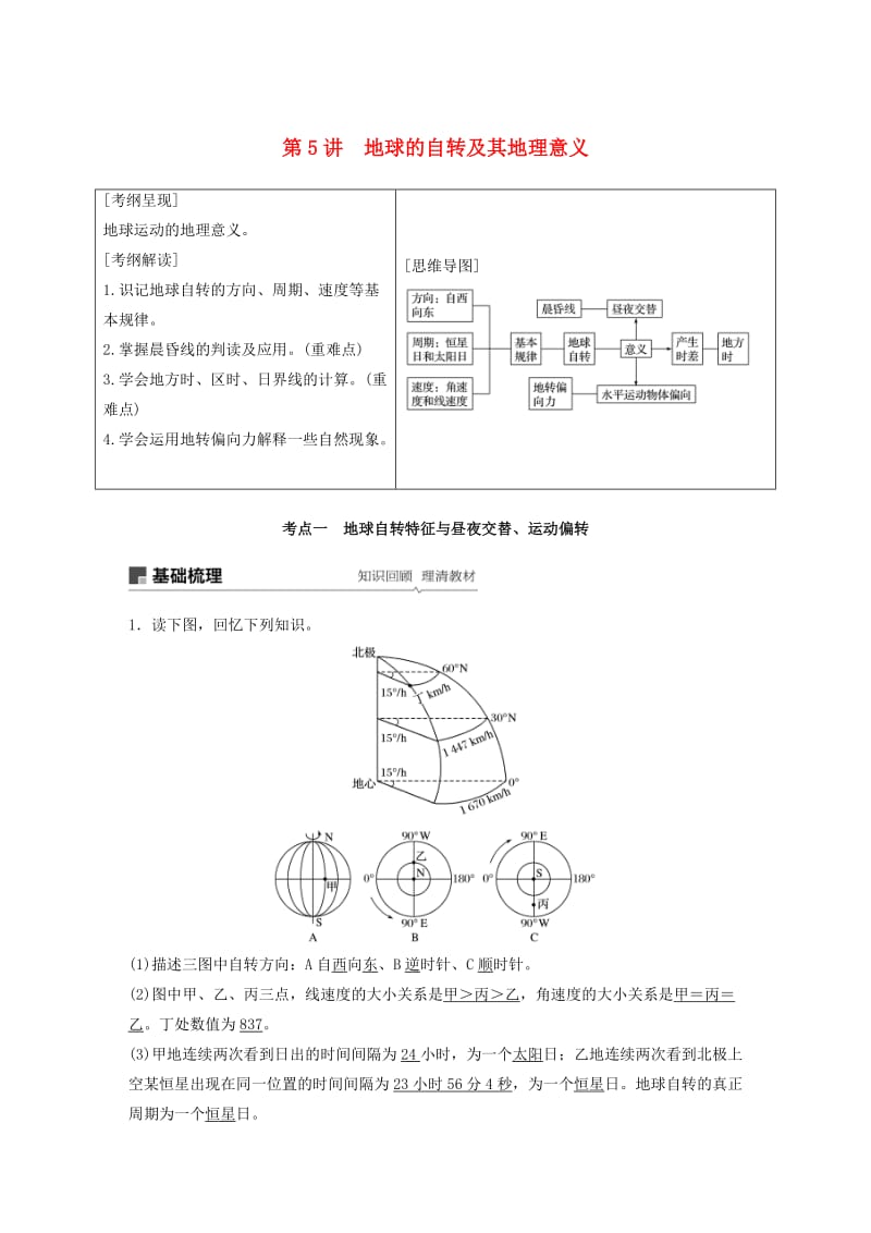 2020版高考地理新导学大一轮复习 第一册 第二单元 从宇宙看地球 第5讲 地球的自转及其地理意义讲义（含解析）鲁教版.docx_第1页