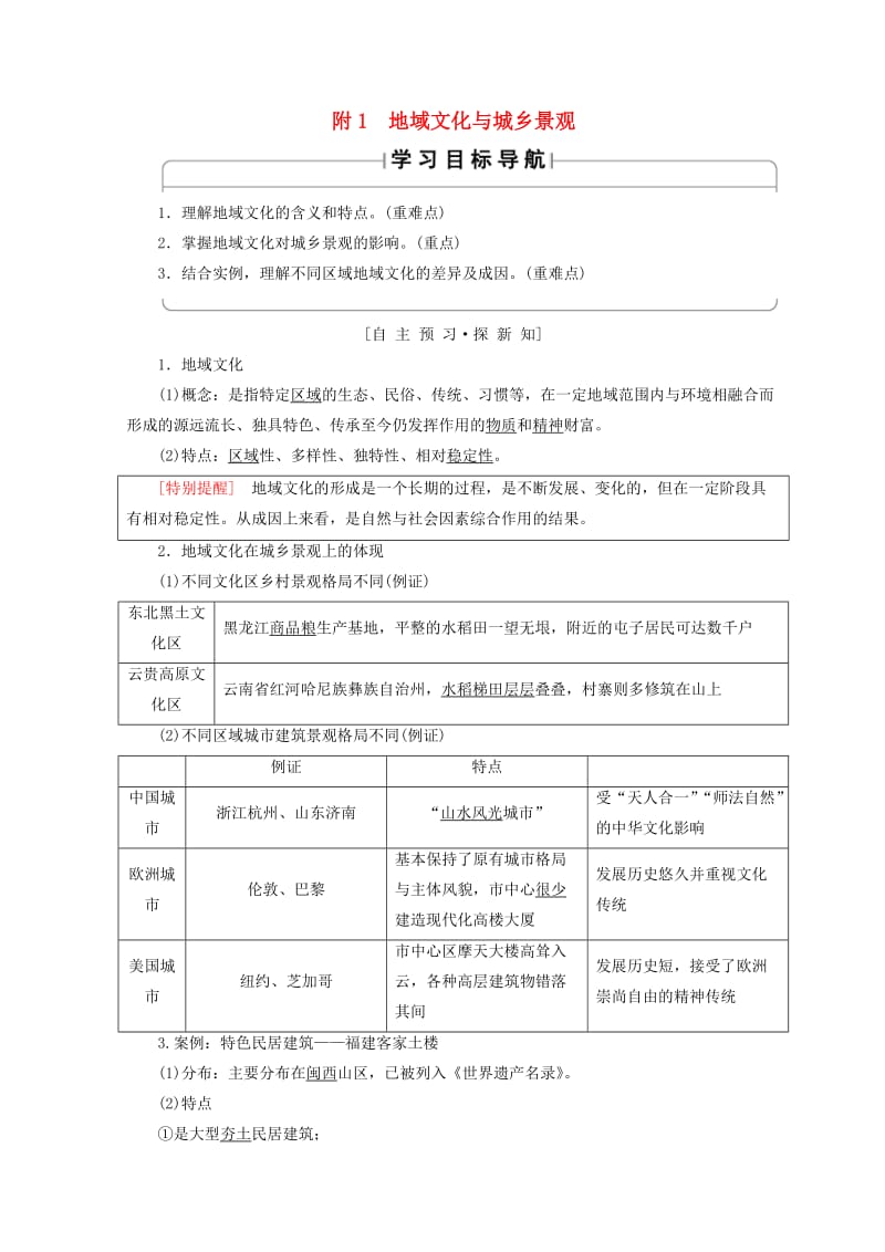 2018秋高中地理 第2单元 城市与地理环境 附1 地域文化与城乡景观学案 鲁教版必修2.doc_第1页