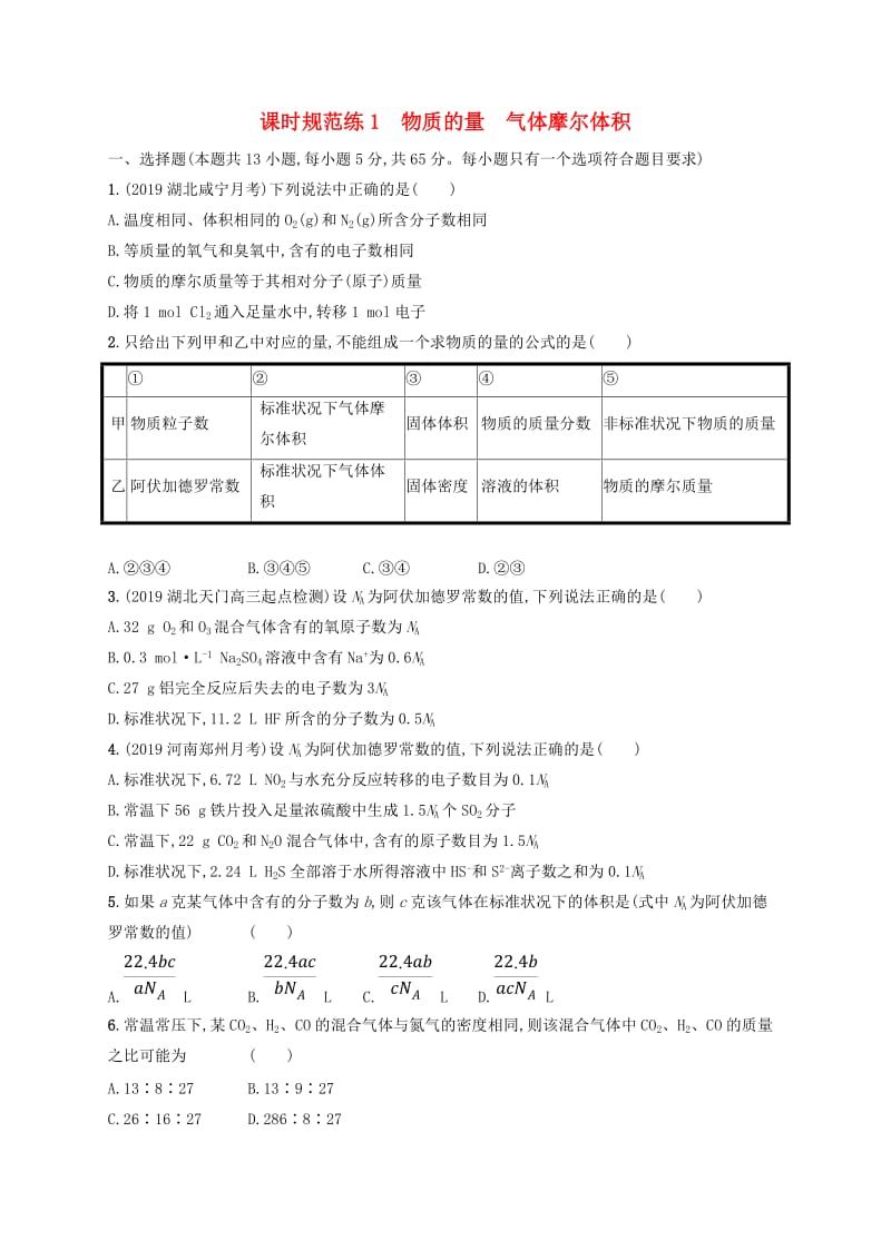 2020版高考化学大一轮复习 课时规范练1 物质的量 气体摩尔体积 新人教版.doc_第1页