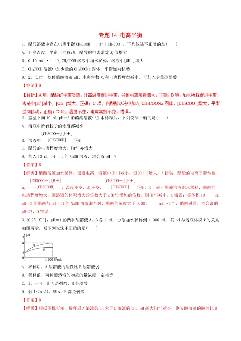 2019年高考化学二轮复习 专题14 电离平衡练习.doc_第1页