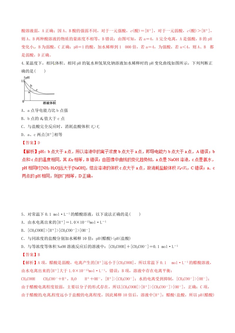 2019年高考化学二轮复习 专题14 电离平衡练习.doc_第2页