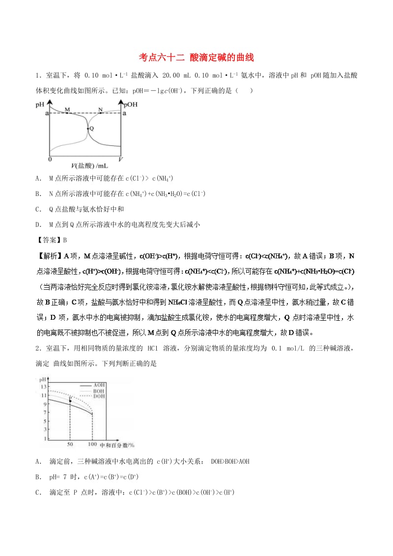 2019年高考化学 考点62 酸滴定碱的曲线必刷题.doc_第1页