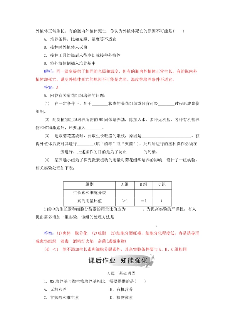 2018-2019学年高中生物 专题3 植物的组织培养技术 课题1 菊花的组织培养练习 新人教版选修1 .doc_第2页