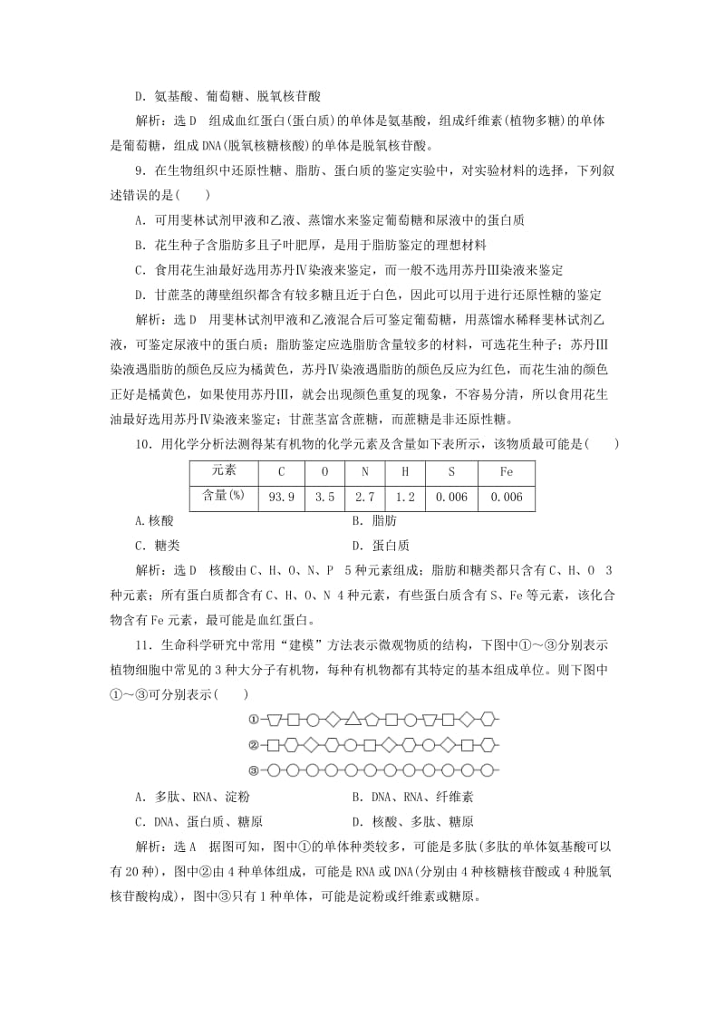 2018-2019学年高中生物 阶段质量检测（一）细胞的化学组成（含解析）苏教版必修1.doc_第3页