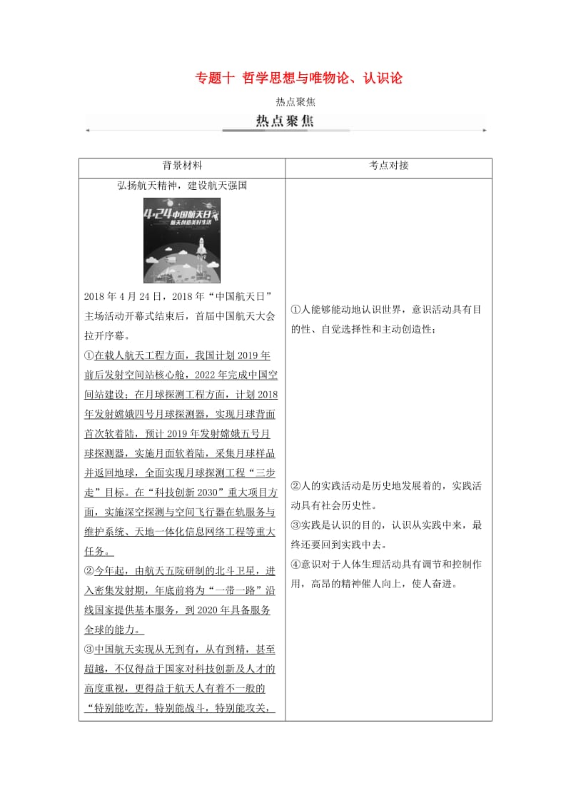 2019年高考政治大二轮复习 专题十 哲学思想与唯物论、认识论热点聚焦.doc_第1页