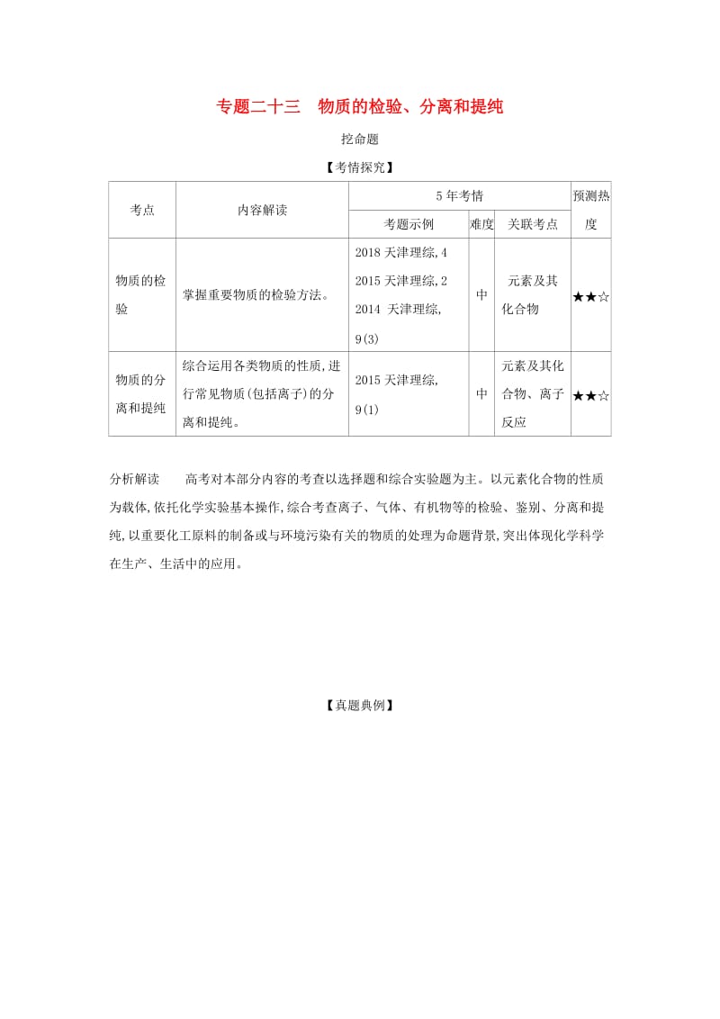 天津市2020年高考化学一轮复习 专题二十三 物质的检验、分离和提纯教师用书.docx_第1页