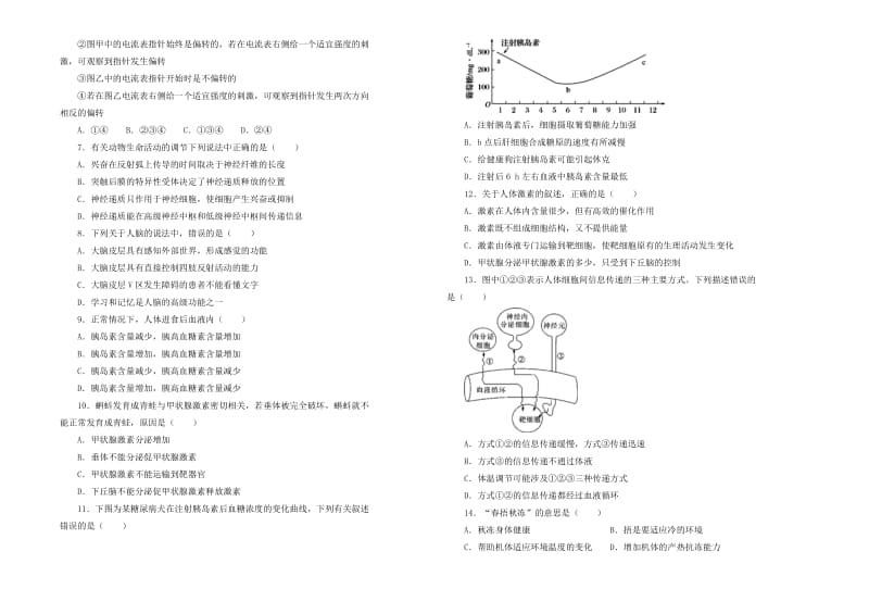 2019高中生物 第一、二单元 人体内环境与稳态、动物和人体生命活动的调节单元测试（一）新人教版必修3.doc_第2页