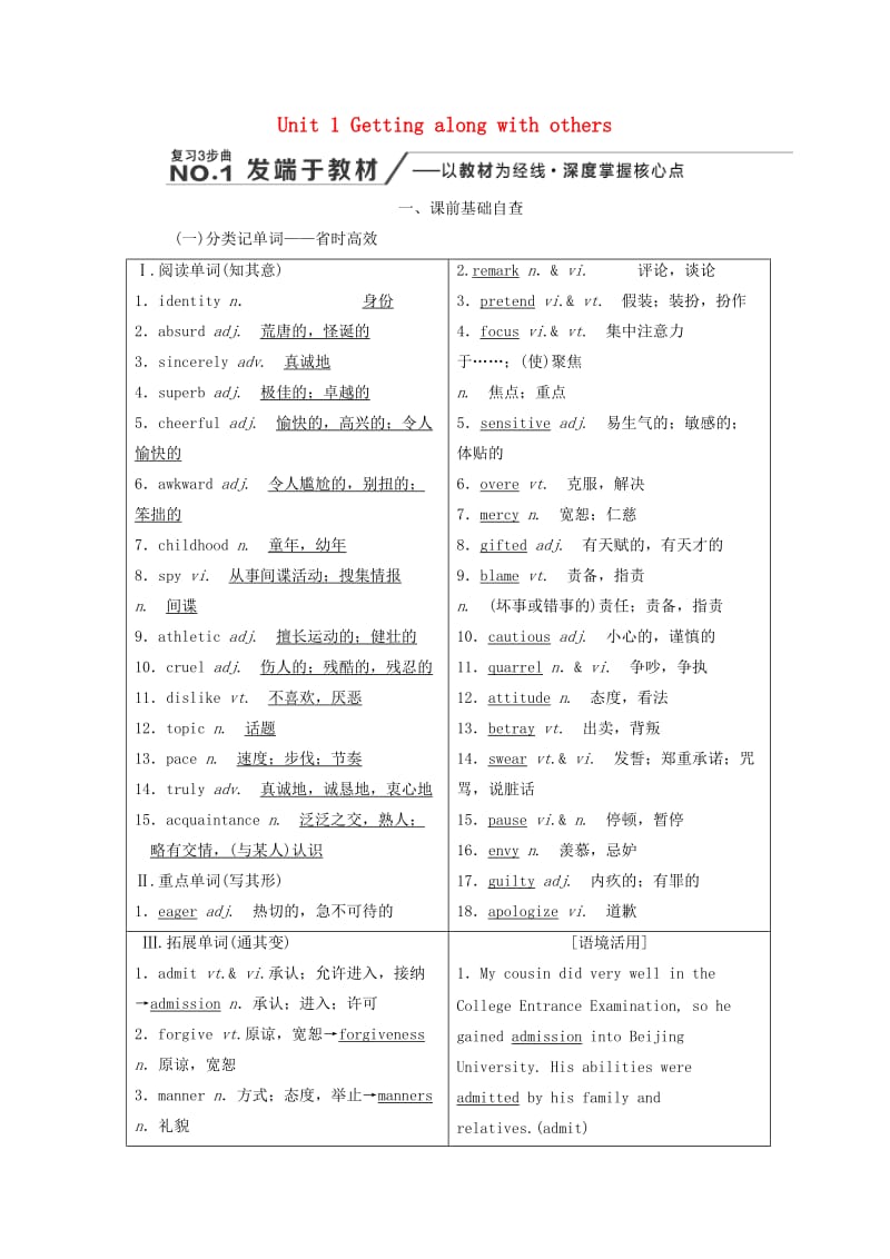 2020高考英语新创新一轮复习 Unit 1 Getting along with others学案（含解析）牛津译林版必修5.doc_第1页