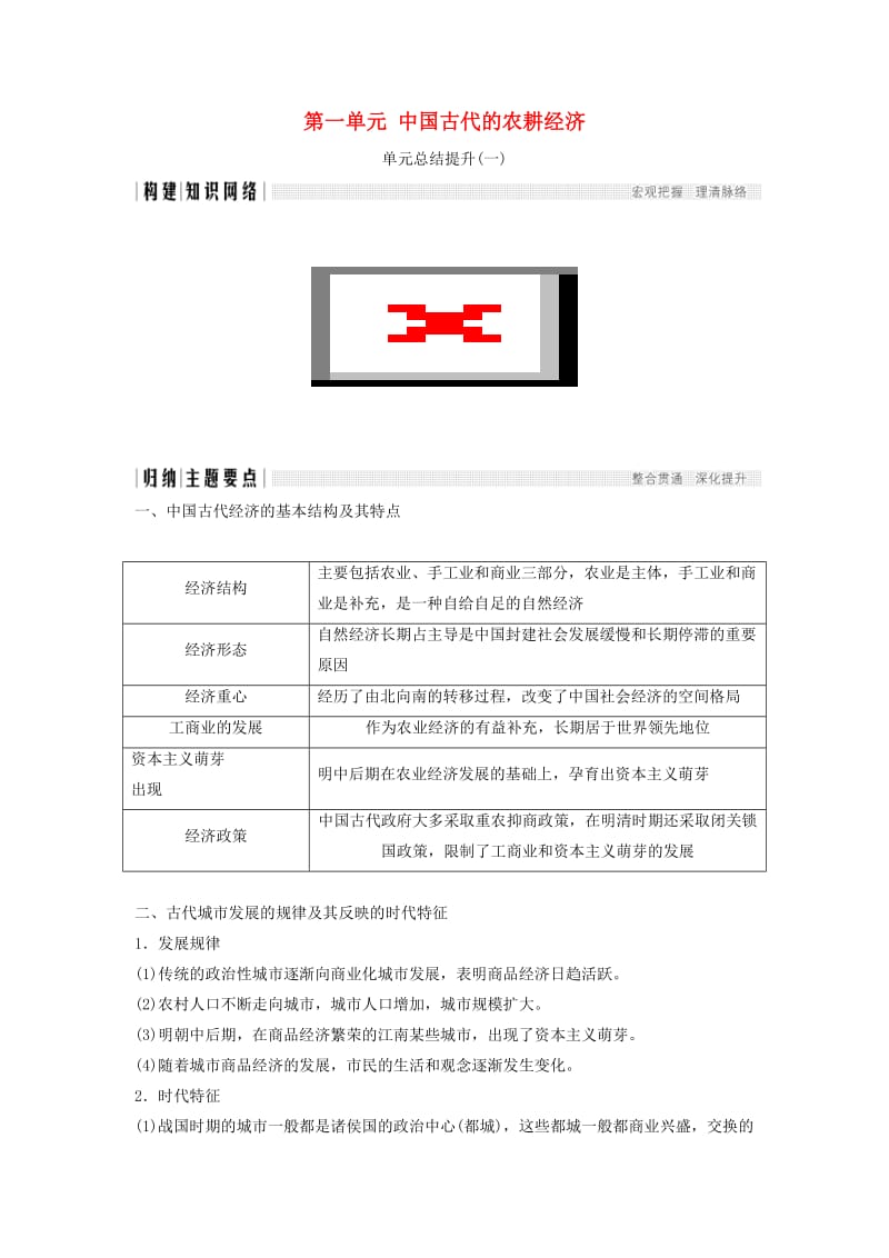 2018年高中历史 第一单元 中国古代的农耕经济单元总结提升学案 岳麓版必修2.doc_第1页