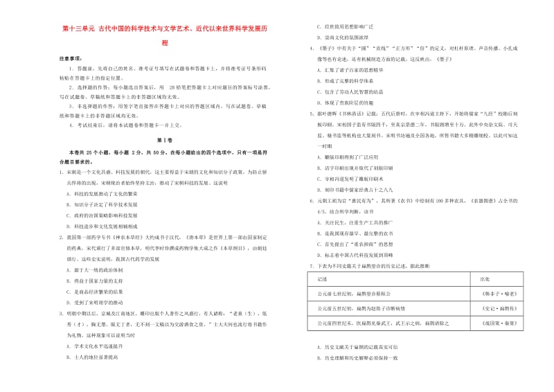 2019年高考历史一轮复习 第十三单元 古代中国的科学技术与文学艺术、近代以来世界的科学发展历程单元B卷 新人教版.doc_第1页