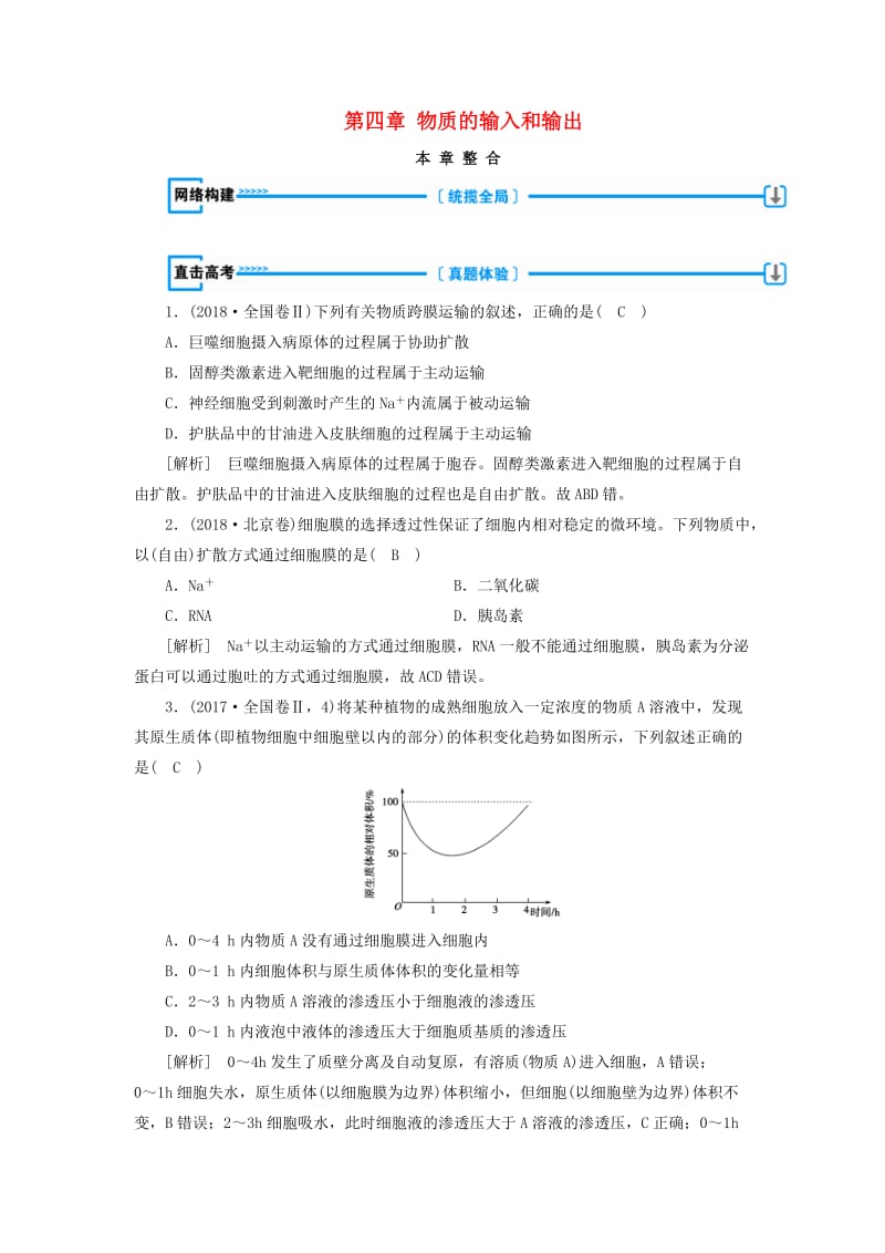 2018年秋高中生物 第四章 物质的输入和输出本章整合学案 新人教版必修1.doc_第1页