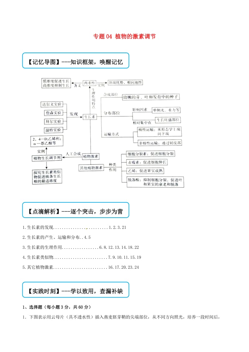 2019届高考生物 难点大串讲 专题04 植物的激素调节（含解析）（必修3）.doc_第1页