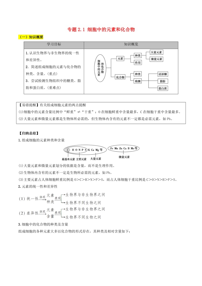 2018-2019学年高中生物 第二章 组成细胞的分子 专题2.1 细胞中的元素和化合物学案 新人教版必修1.doc_第1页