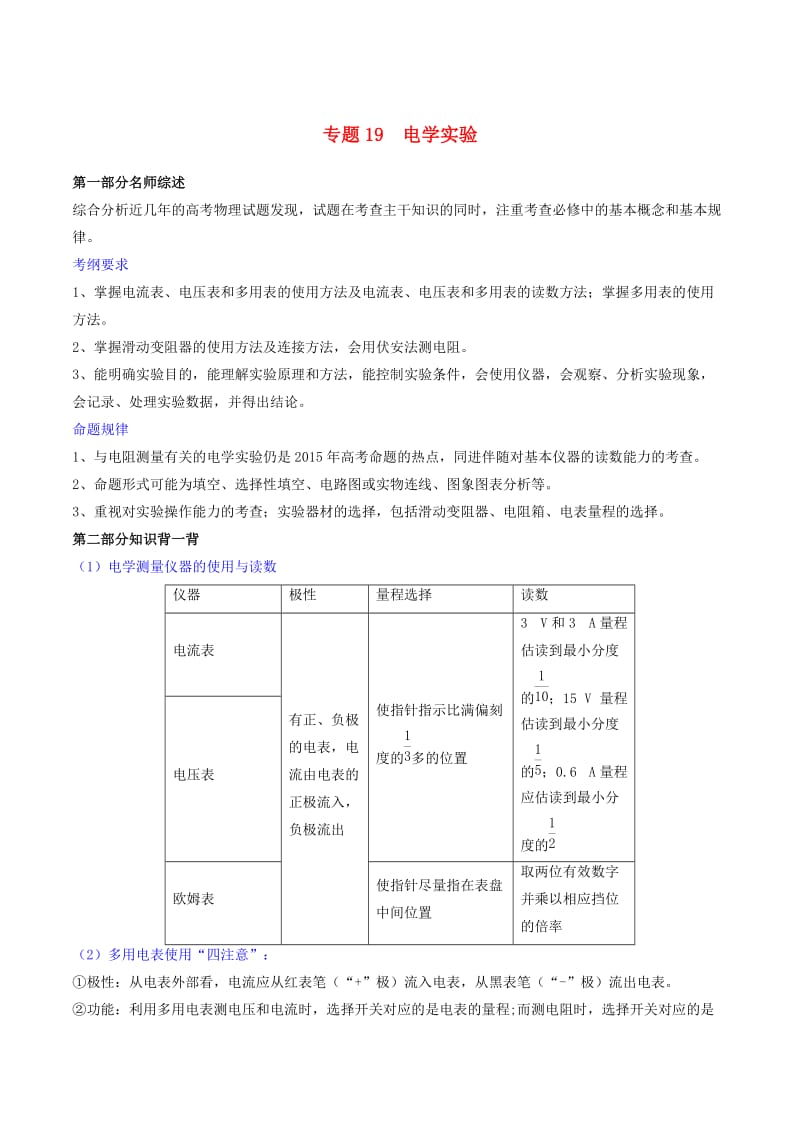 2019年高考物理备考 中等生百日捷进提升系列 专题19 电学实验（含解析）.docx_第1页