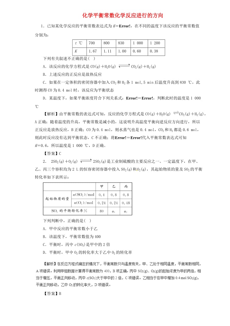 2019届高三化学二轮复习 热点题型专练 专题7.3 化学平衡常数化学反应进行的方向（含解析）.doc_第1页