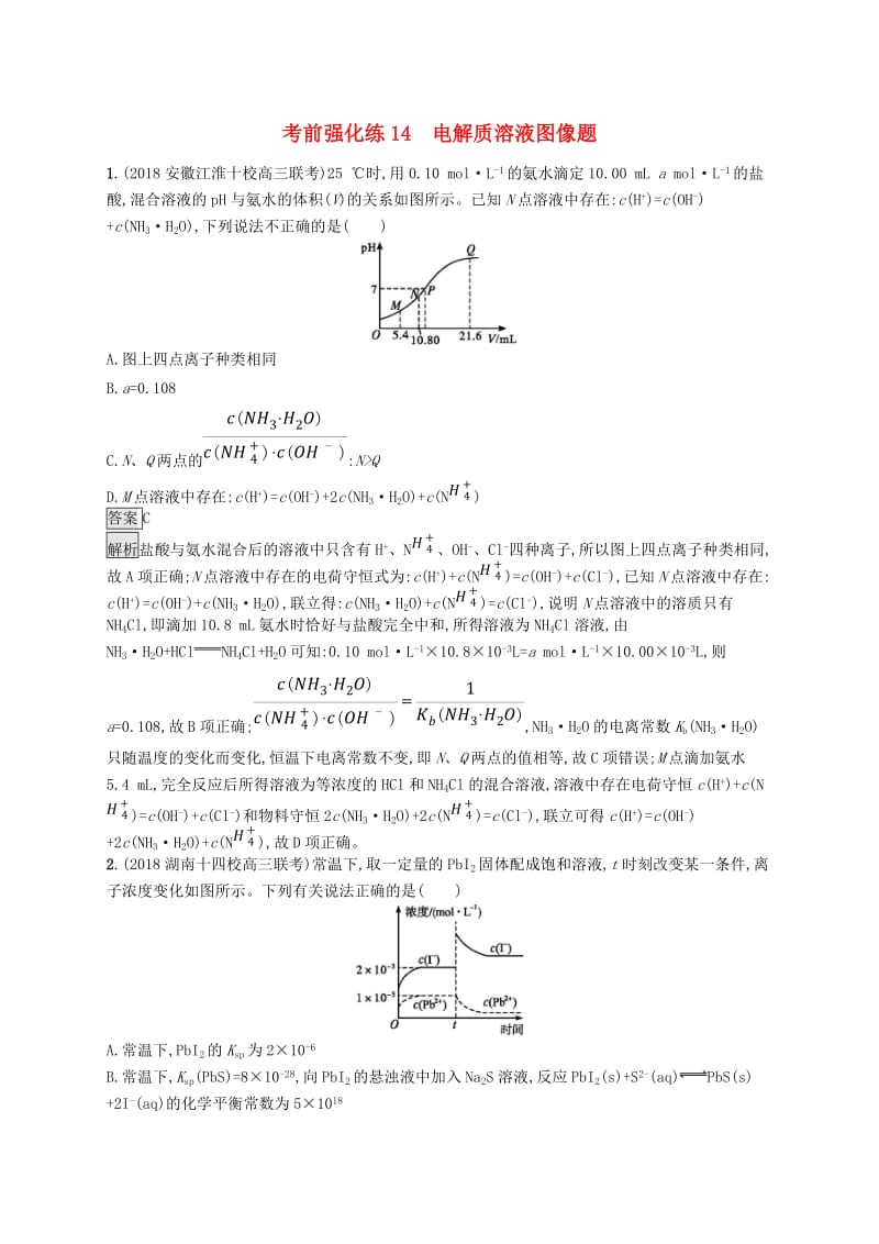 2019版高考化学大二轮优选习题 考前强化练14 电解质溶液图像题.doc_第1页