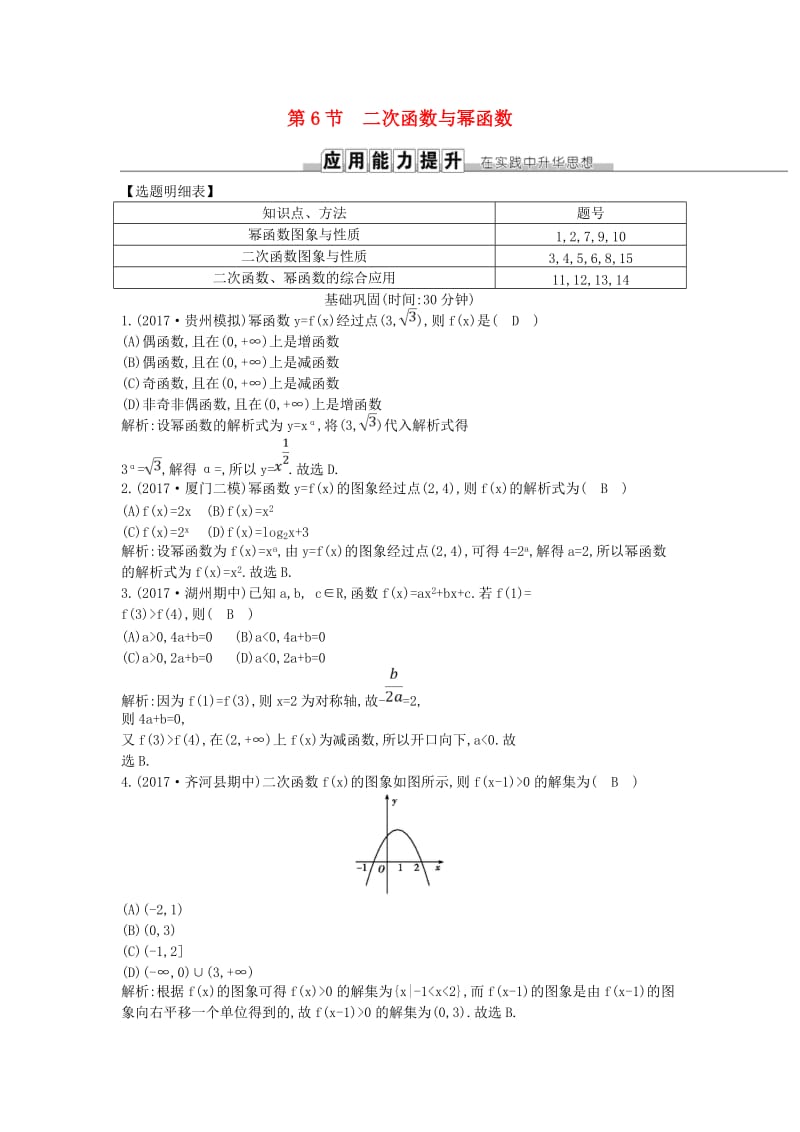 2019届高考数学一轮复习 第二篇 函数、导数及其应用 第6节 二次函数与幂函数训练 理 新人教版.doc_第1页