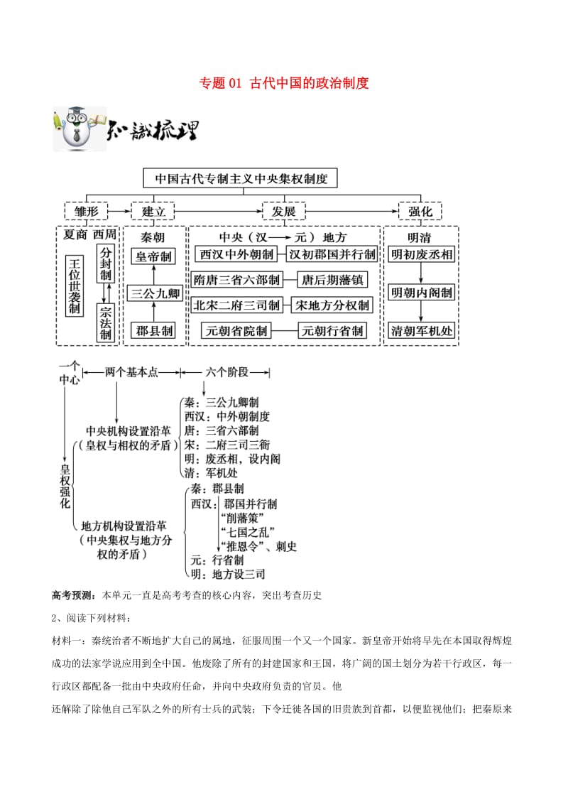 2019年高考历史一轮总复习 巅峰冲刺 专题01 古代中国的政治制度突破（含解析）.doc_第1页