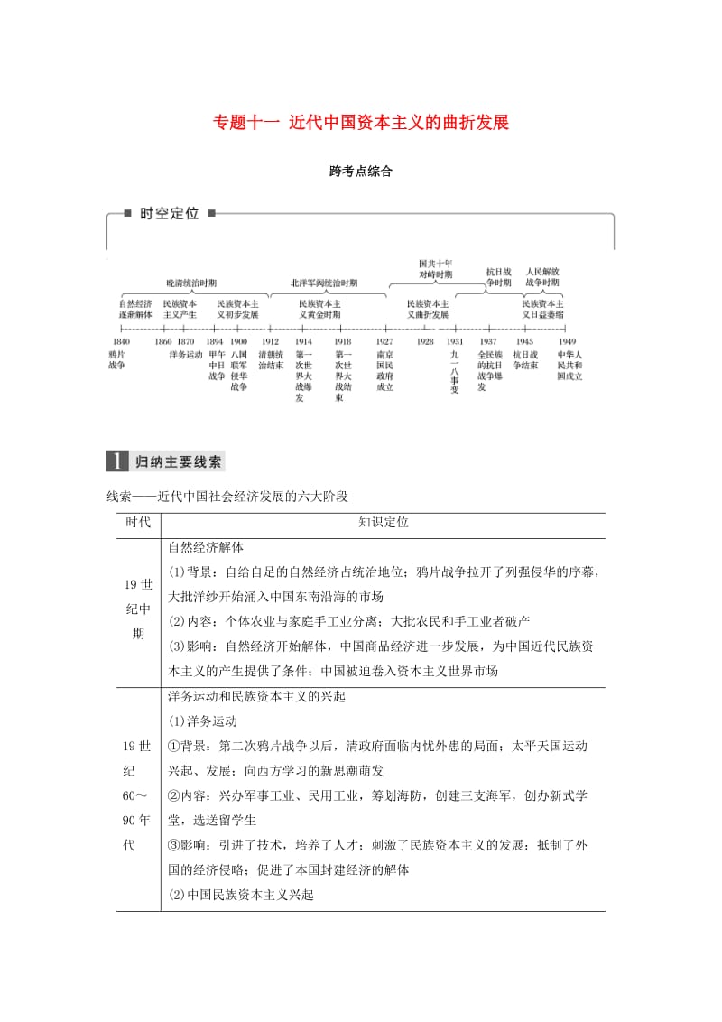 2019版高考历史一轮总复习专题十一近代中国资本主义的曲折发展跨考点综合学案.doc_第1页