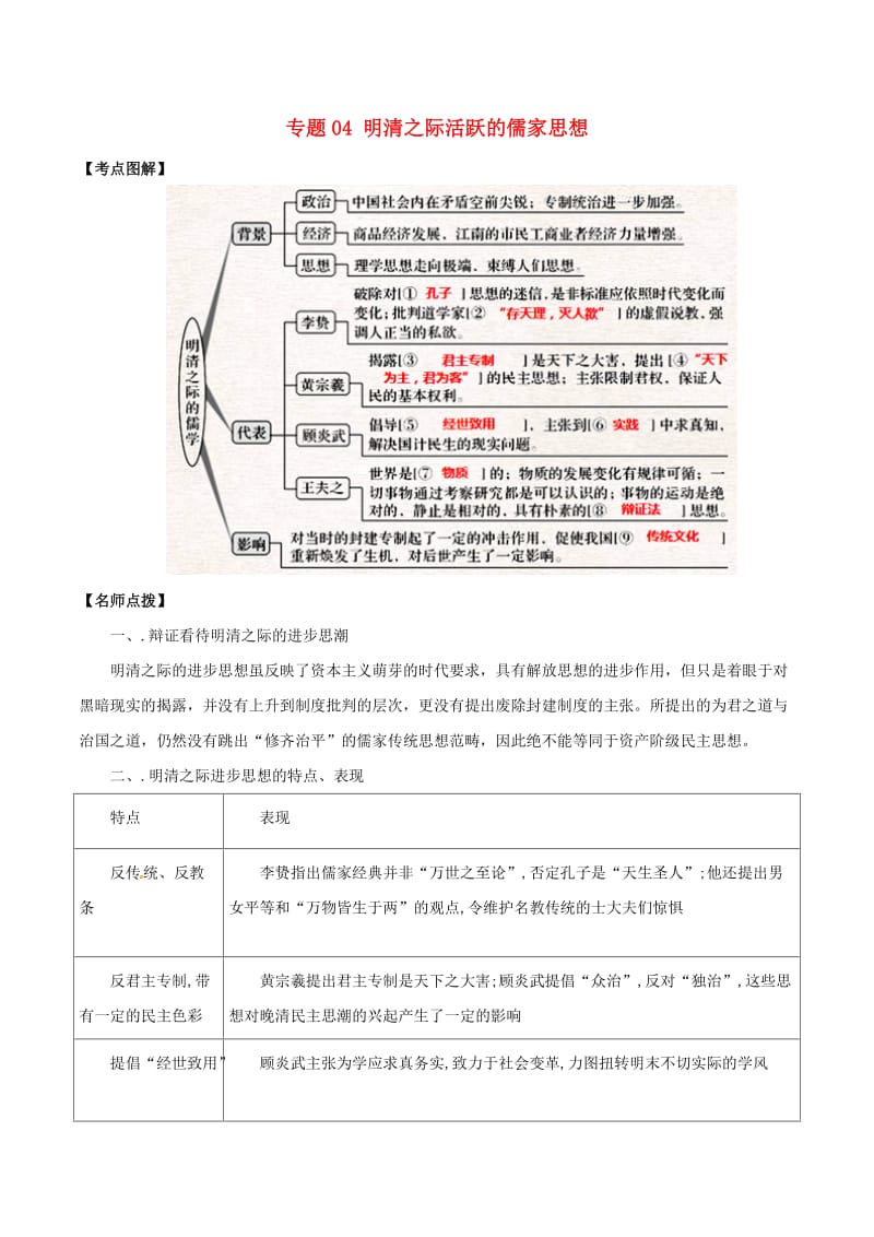 2019年高考历史 文化史考点精练 专题04 明清之际活跃的儒家思想.doc_第1页