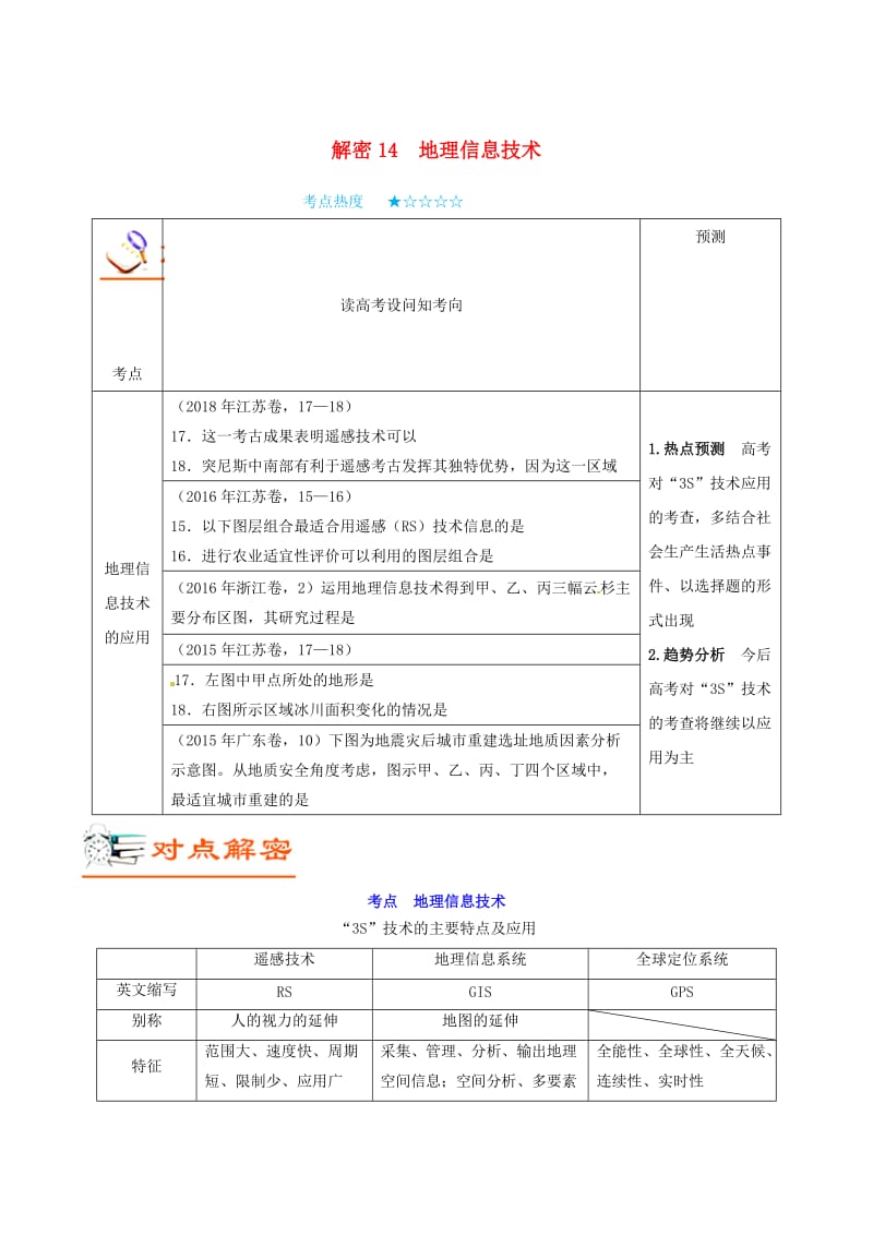 2019年高考地理 高频考点解密 专题14 地理信息技术.doc_第1页