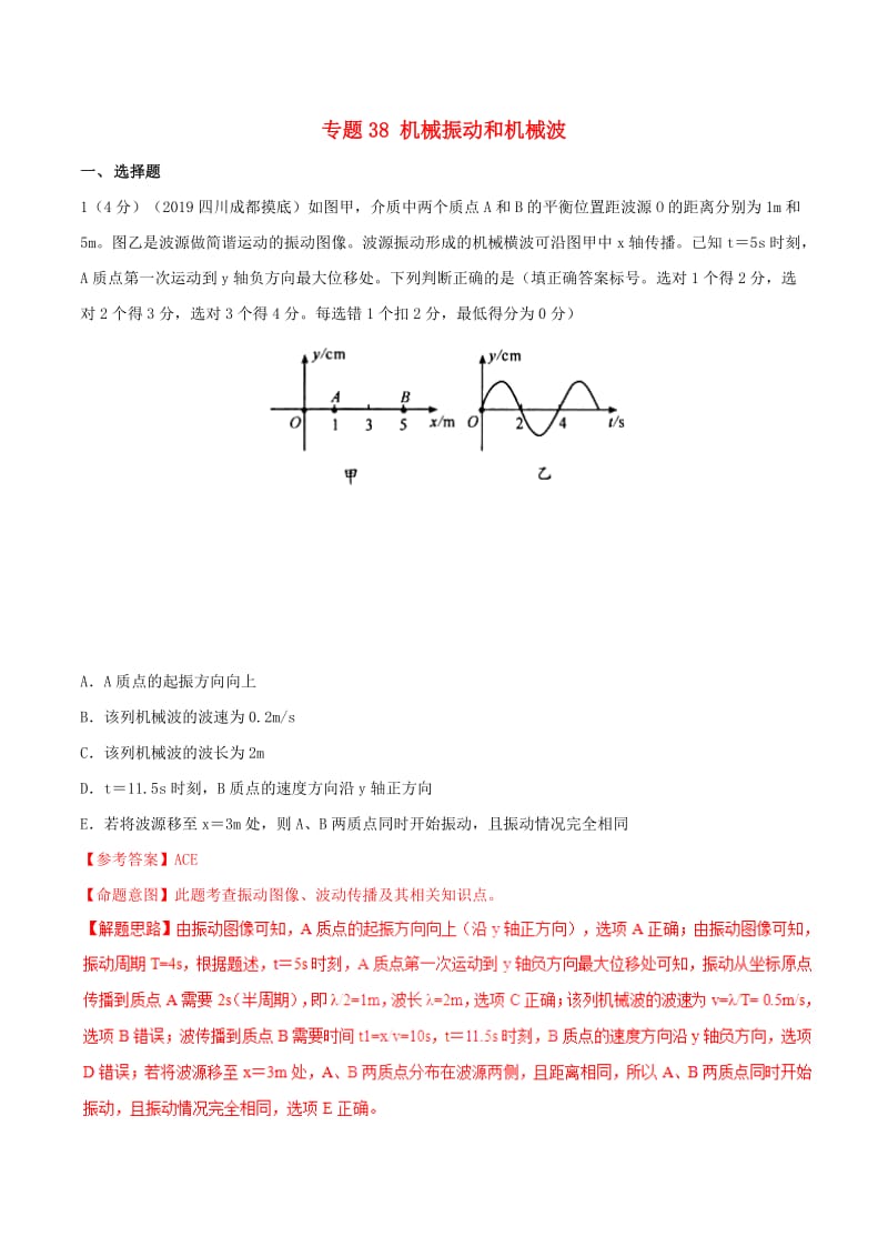 2019年高考物理 名校模擬試題分項(xiàng)解析40熱點(diǎn) 專題38 機(jī)械振動(dòng)和機(jī)械波.doc