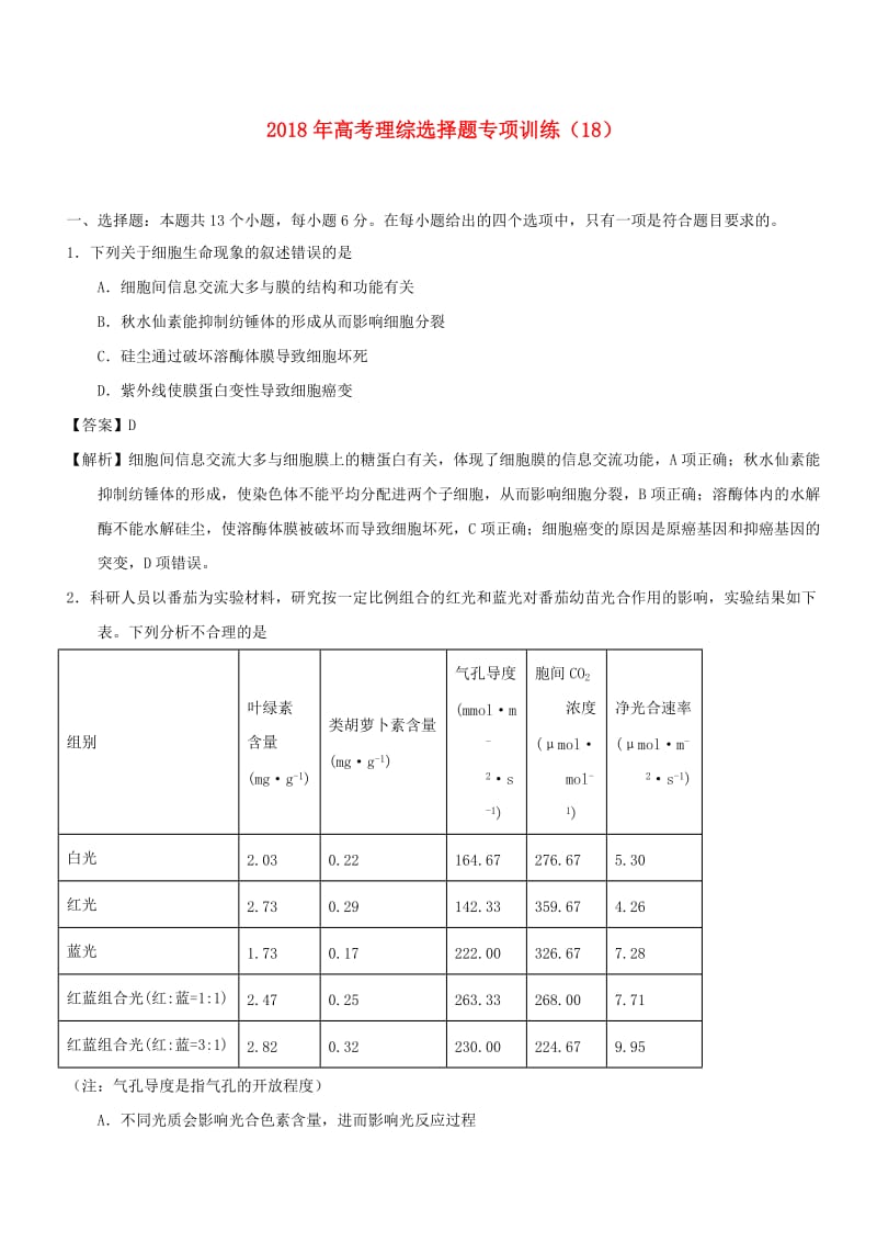 2018年高考理综选择题专项训练(20).doc_第1页