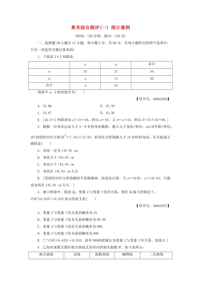 2018年秋高中数学 章末综合测评1 统计案例 新人教A版选修1 -2.doc_第1页