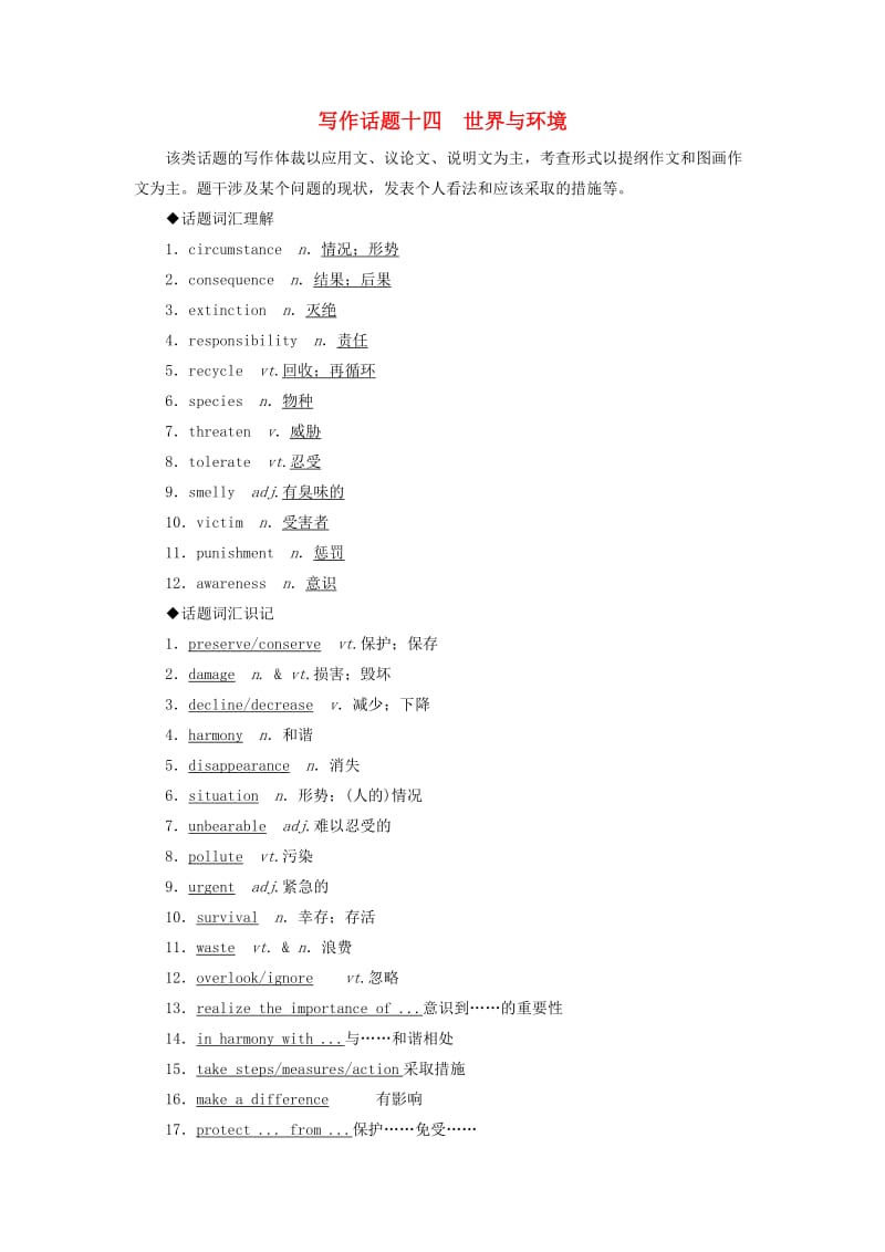 2019版高考英语一轮复习 写作话题 14 世界与环境 新人教版.doc_第1页