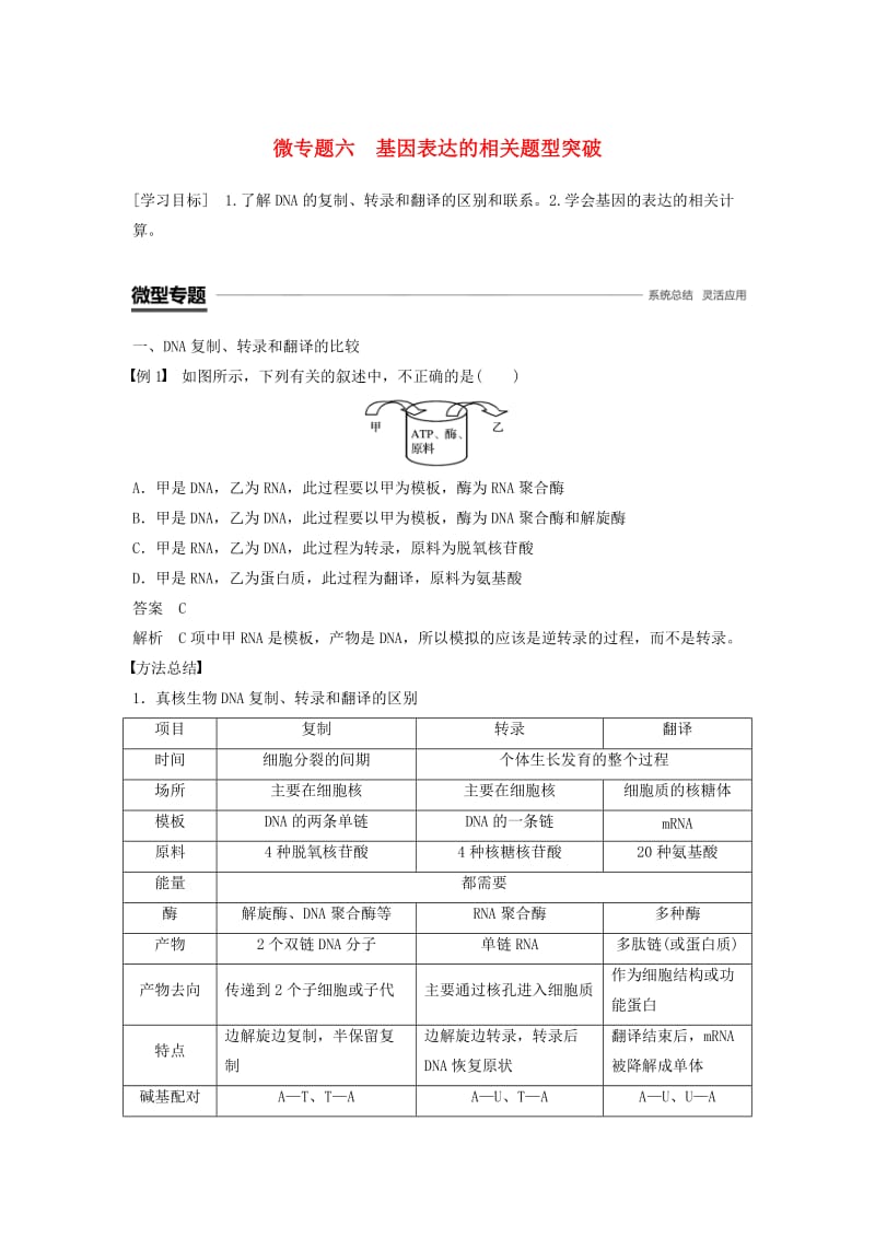 2018-2019学年高中生物 第4章 基因的表达 微专题六 基因表达的相关题型突破学案 新人教版必修2.doc_第1页