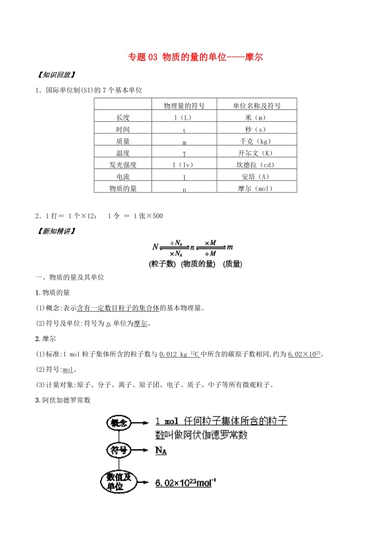 2018年秋高中化学 初高中衔接 专题03 物质的量的单位——摩尔学案.doc_第1页