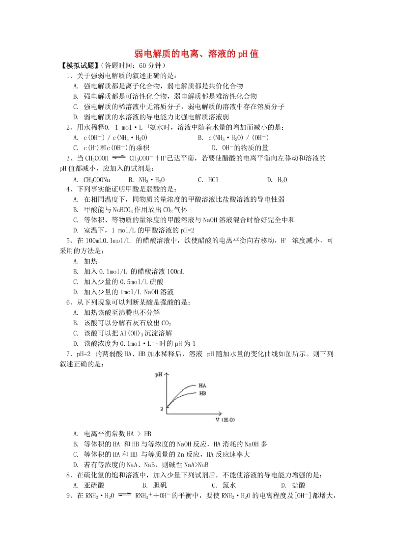 2018年高考化学第一轮复习 专题 弱电解质的电离、溶液的pH习题 苏教版.doc_第1页