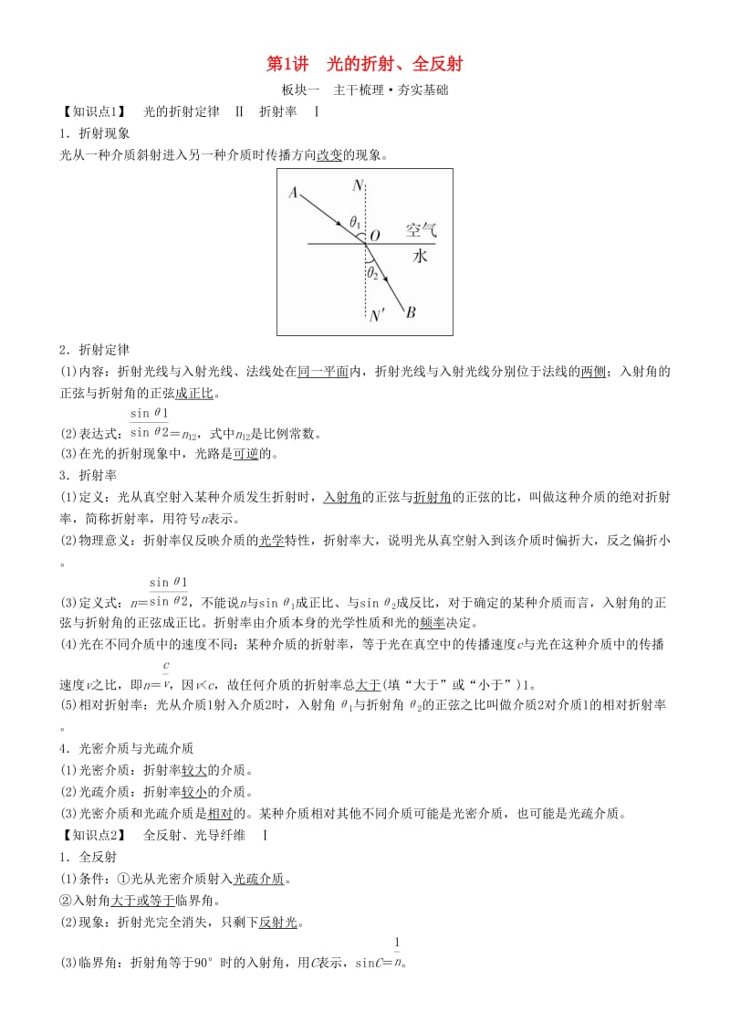 2019年高考物理一轮复习 第十六章 光与电磁波 相对论简介 第1讲 光的折射、全反射学案.doc_第1页