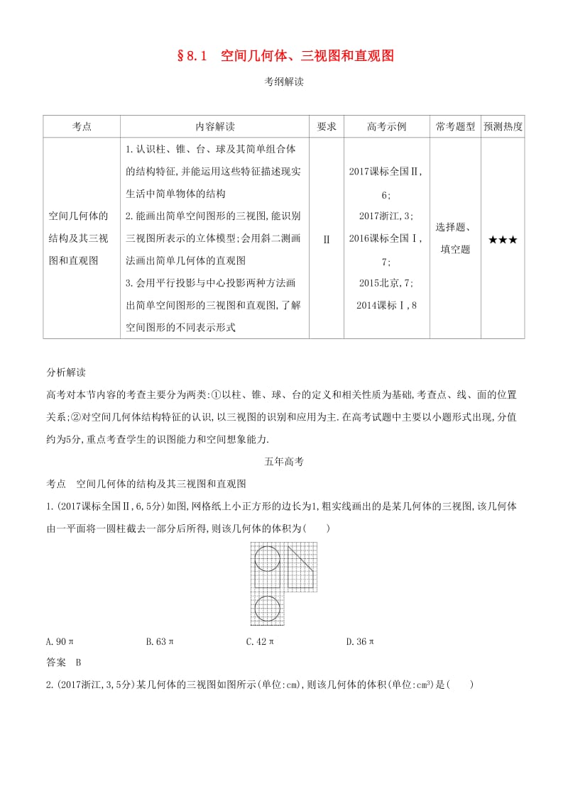 2019高考数学一轮复习 第八章 立体几何 8.1 空间几何体、三视图和直观图练习 文.doc_第1页