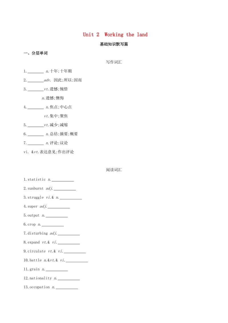 2019版高考英语一轮复习 Unit 2 Working the land词汇训练 新人教版必修4.doc_第1页