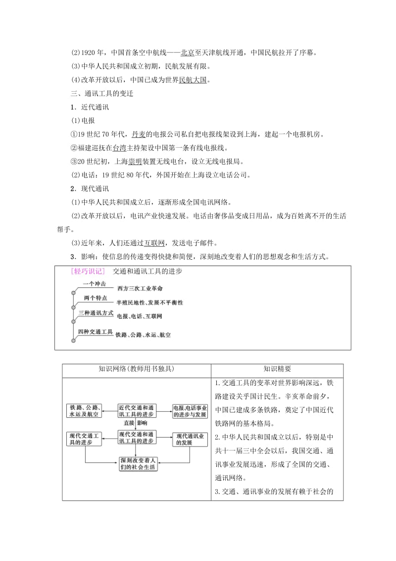 2018秋高中历史 第5单元 中国近现代社会生活的变迁 第15课 交通和通讯工具的进步学案 新人教版必修2.doc_第2页