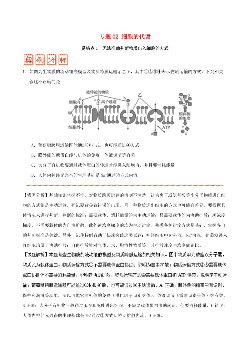 2019年高考生物 纠错笔记 专题02 细胞的代谢.doc_第1页