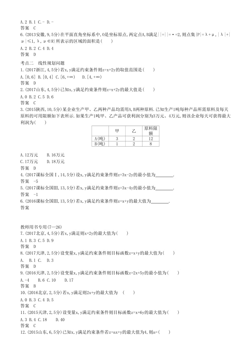 2019高考数学一轮复习 第七章 不等式 7.3 二元一次不等式(组)与简单的线性规划练习 理.doc_第2页