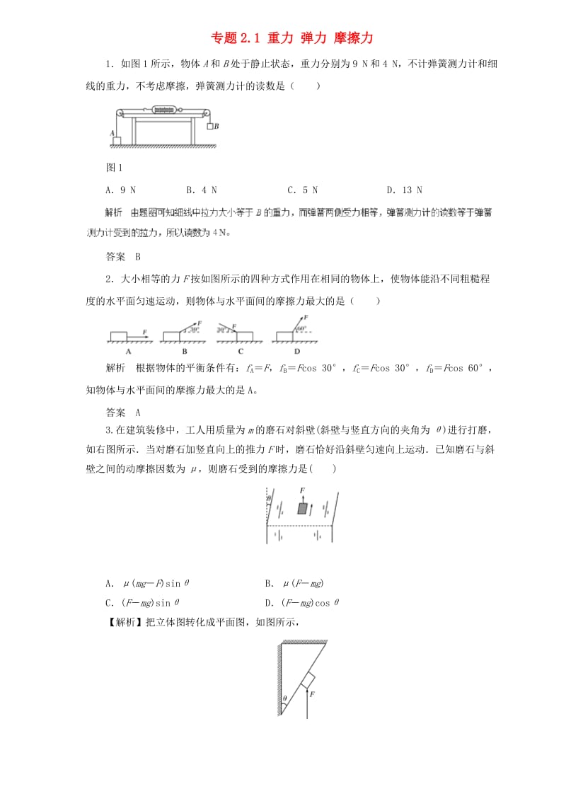 2019届高中物理二轮复习 热点题型专练 专题2.1 重力 弹力 摩擦力（含解析）.doc_第1页