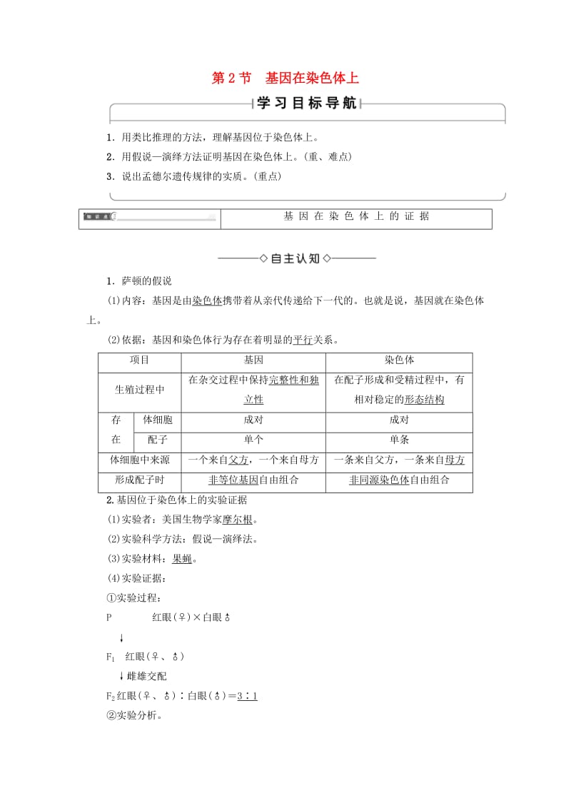 2018版高中生物 第二章 基因和染色體的關(guān)系 第2節(jié) 基因在染色體上學(xué)案 新人教版必修2.doc